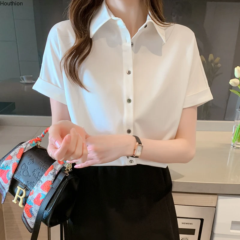 

Houthion Women's Blouse New Short-sleeved Satin Fashion Tops Summer Korean Casual Polo Shirt Solid Silk Office Lady Blusas