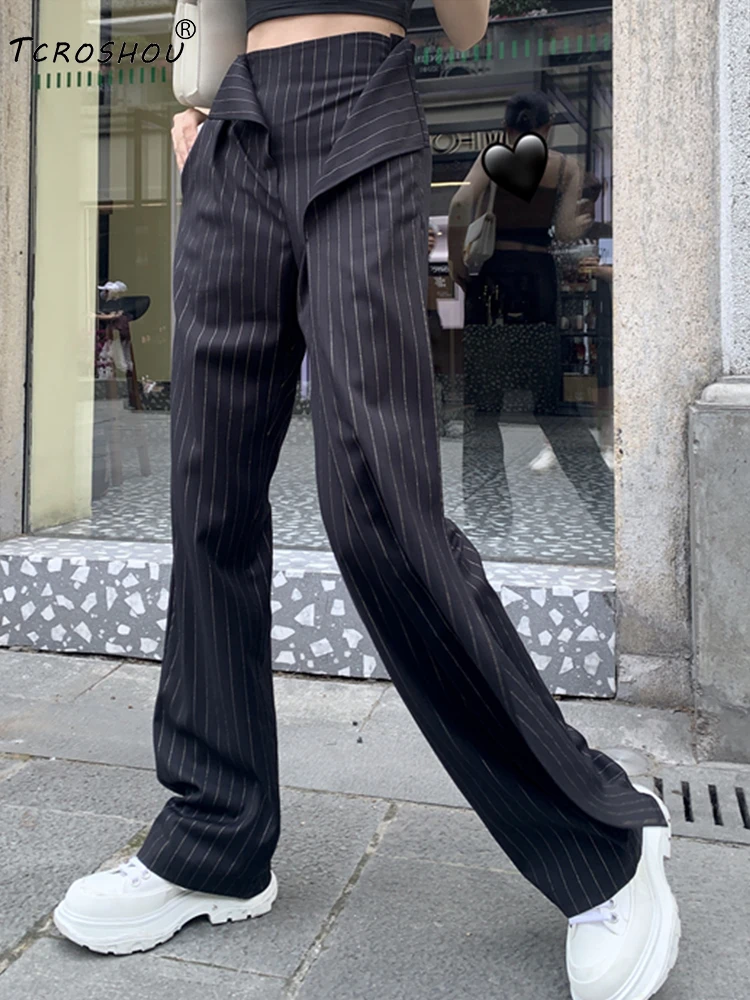 С высокой талией кружевом бронзовые полосатые брюки с широкими штанинами