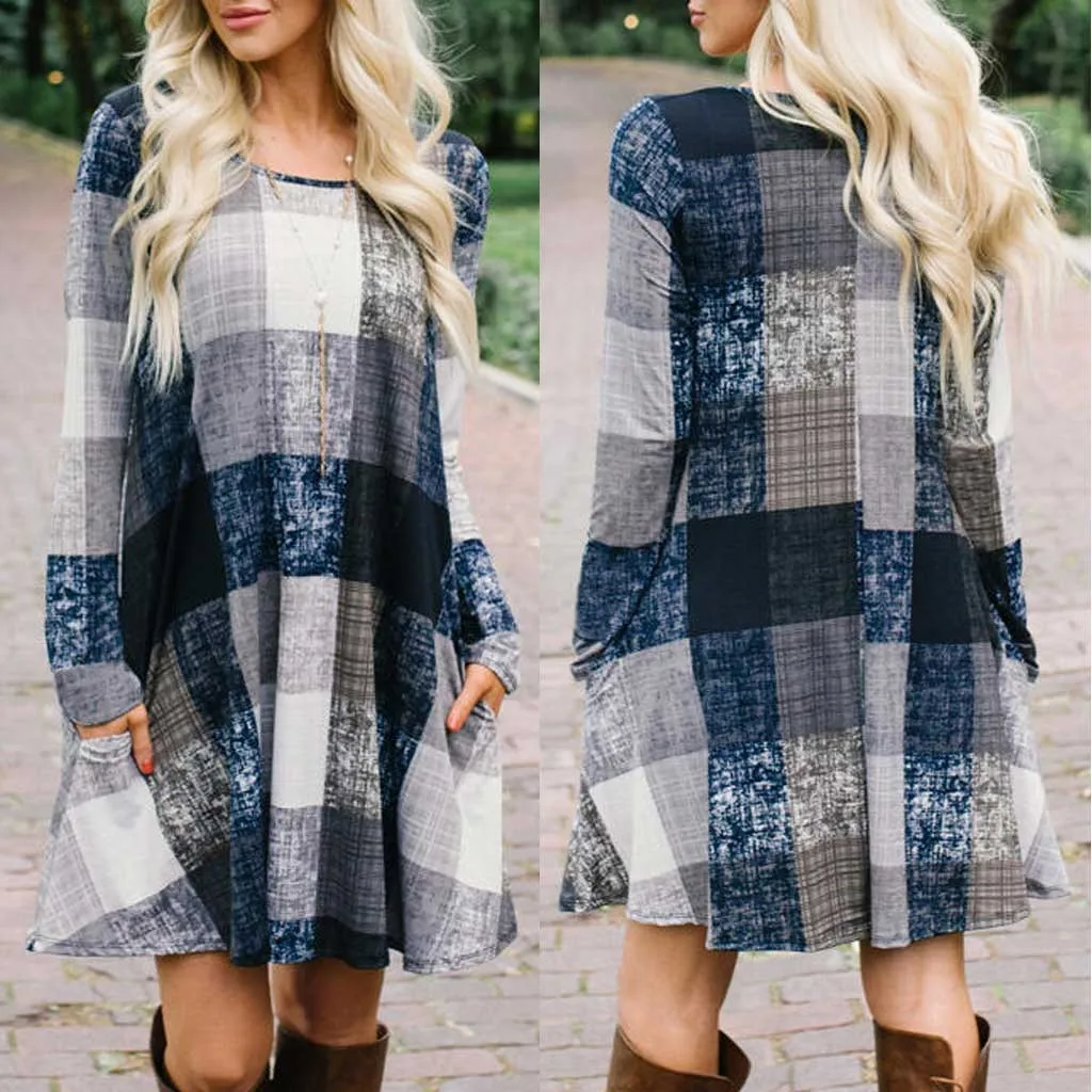 Plaid Print Vintage dress Womne Casual Loose O-Neck Fashion Pocket Long Sleeve Short Mini Dresses Ladies Sundress Vestidos | Женская