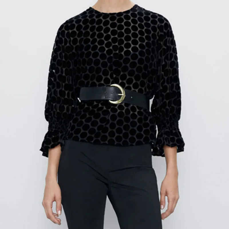 Женская бархатная блузка в горошек с длинным рукавом и круглым вырезом | одежда