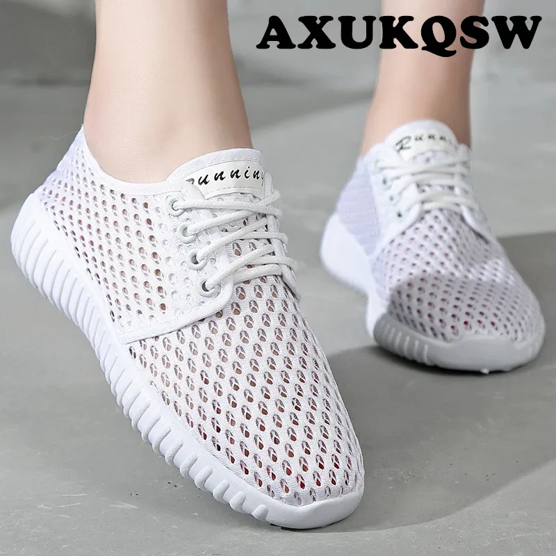 Lace up Running Shoes 2020 Summer Mesh Breathable Casual Shoes Flat Soft Bottom Sneakers Non-slip Outdoor White Women Shoe 35-40