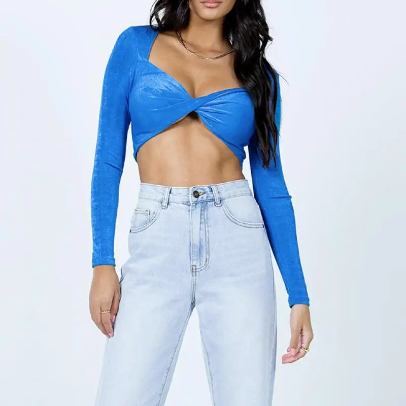 

Women Long Sleeve Blouses 2021 Summer Polyester Slim Sexy Deep-V Crop Top Breathable Casual Holiday Patchwork Solid T-Shirt