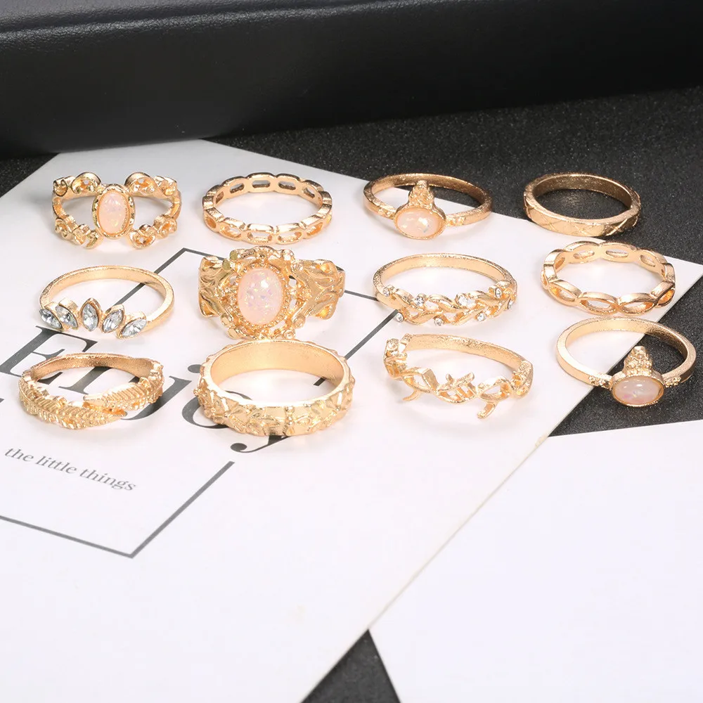 MING 12 Pcs/Set Vintage Gold Alloy Ring Set Fashion Colorful Crystal Geometric Rings for Women | Украшения и аксессуары