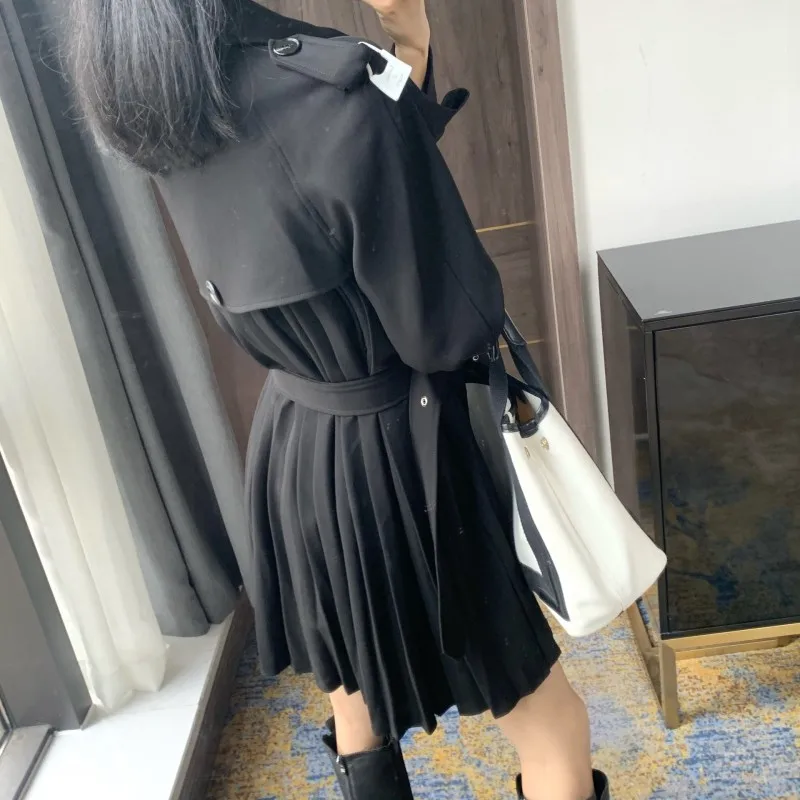 

Autumn Windbreakers Outerwear Womens Overcoat Designer Single Breasted Sashes Pleated Trench Office Ladies Elegant Black Coats