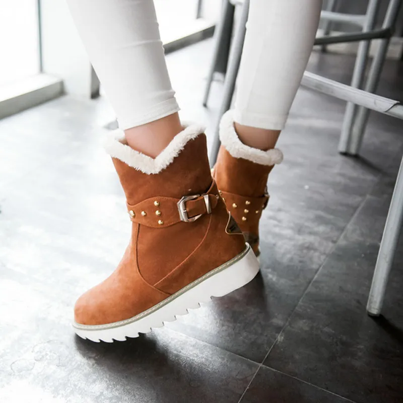 Faux Fur Snow Boots Women Fashion Ankle Plus Size Black Winter Warm Plush Female Ladies Flats Shoes | Обувь