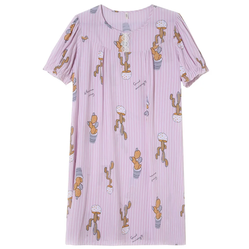 

Women O-Neck Flower Bud Sleeve Nightdress Summer Cute Cotton Sleepwear Pink Carrot Print Nightwear Lace Decoration Home Dress