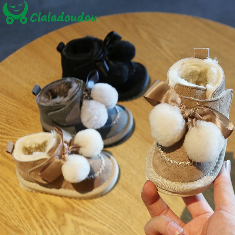 Claladoudou 12-14cm Brand Genuine Leather baby snow boots khaki black gray cute pompom bow tie princess dress shoes for winter