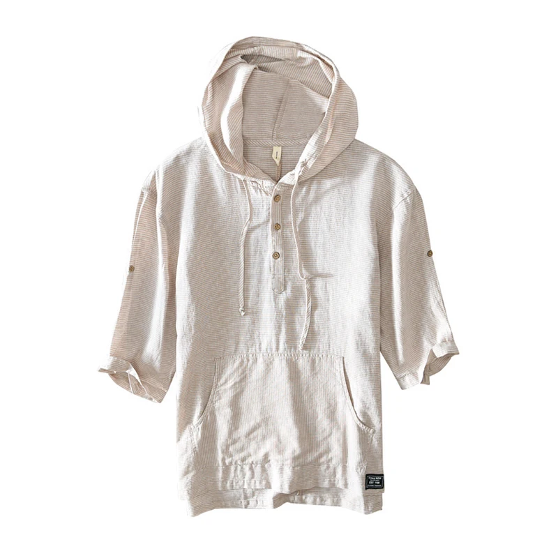 Hooded Short Sleeve T-Shirt for Men Cotton Linen Striped Casual Tops Summer New Male Fashion Japan Style Tees Thin Clothes
