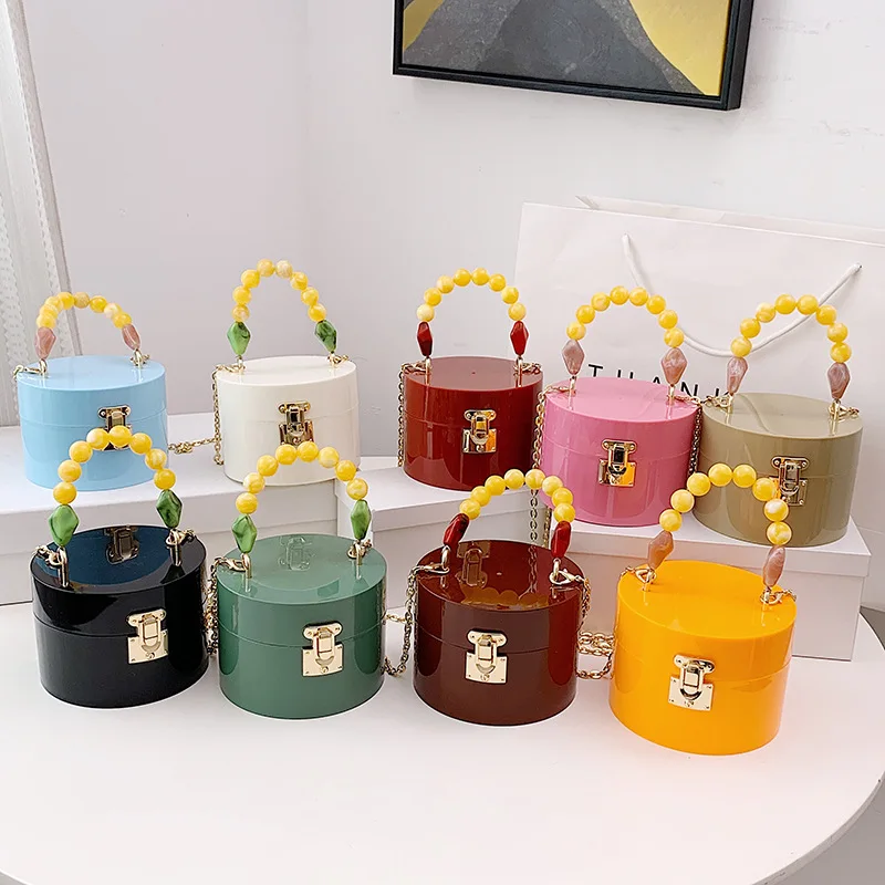 

Mini Acrylic 2021 Summer Candy Color Round Hand Bags Ladies Designer PVC Small Chains Shoulder Purses Luxury Handbags for Women