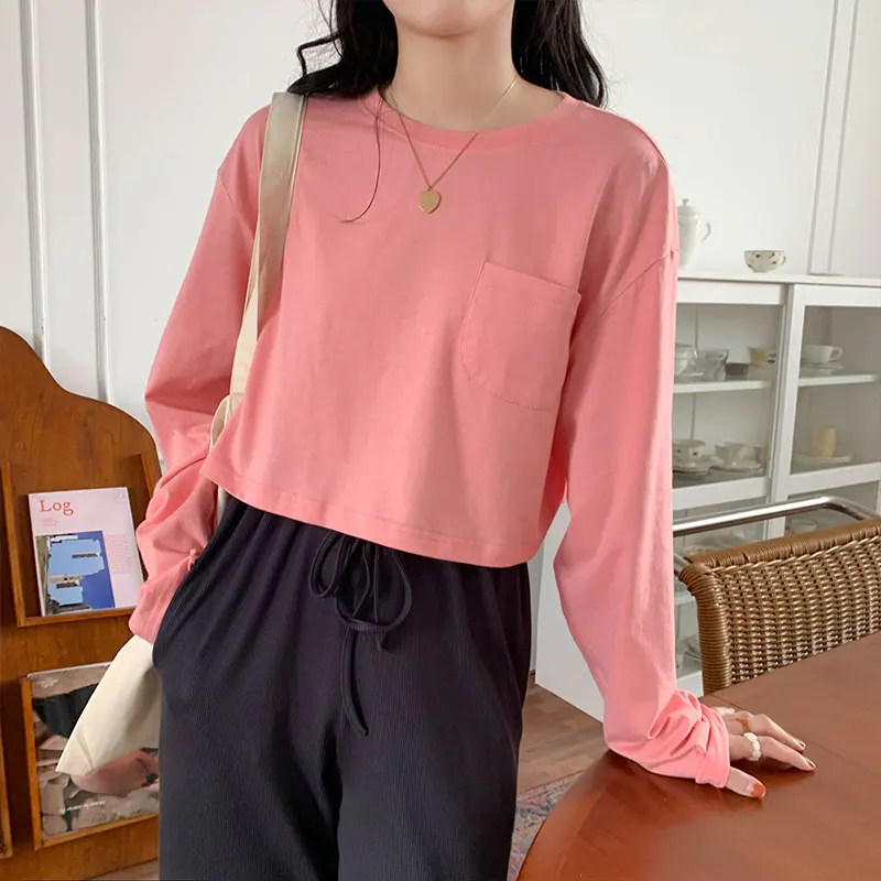 Женская футболка в стиле Харадзюку винтажная модная розовая с длинным рукавом и