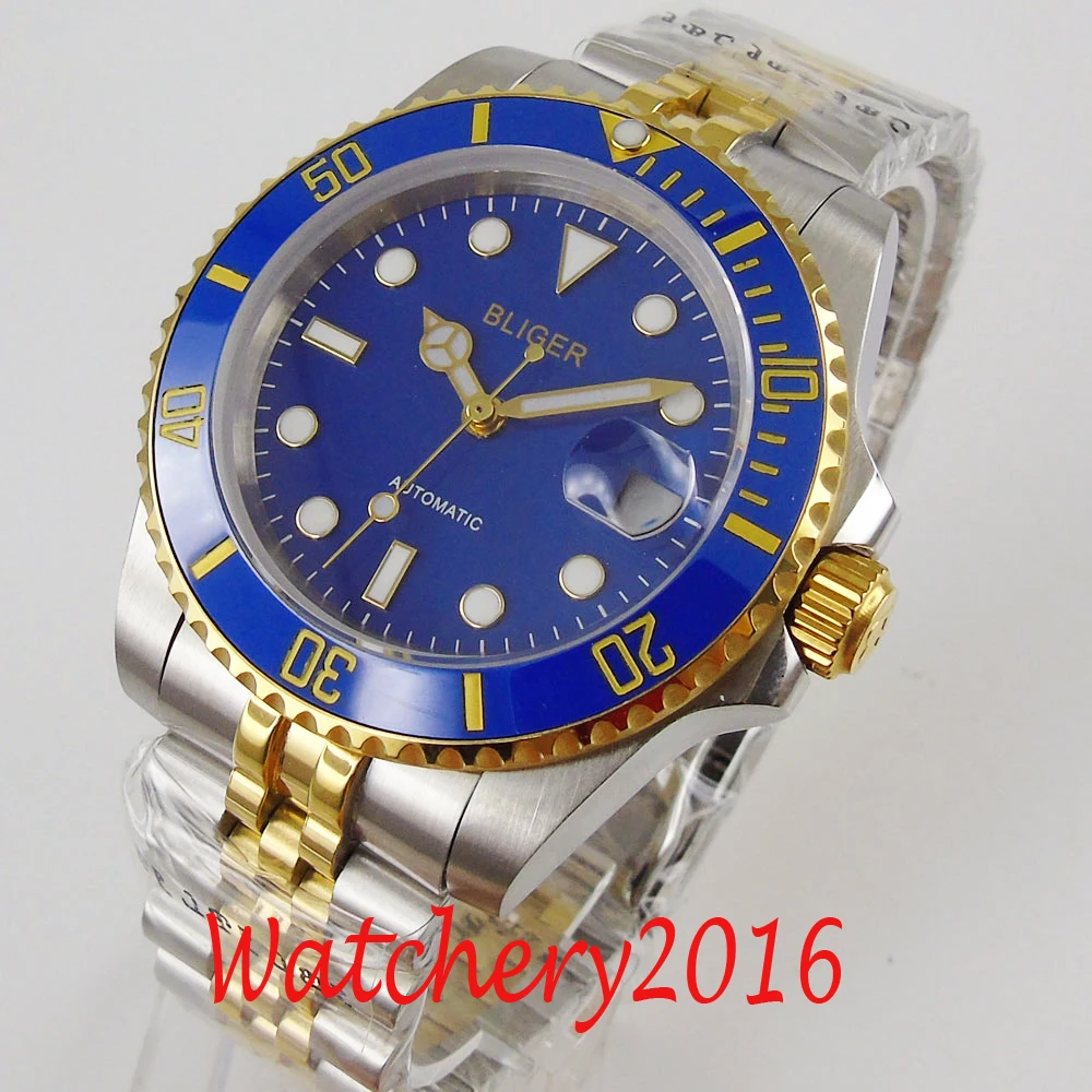 40mm Bliger blue dial Blue Ceramic Auto Date Sapphire crystal date miyota Automatic movement Mechanical Wristwatches Men's Watch |