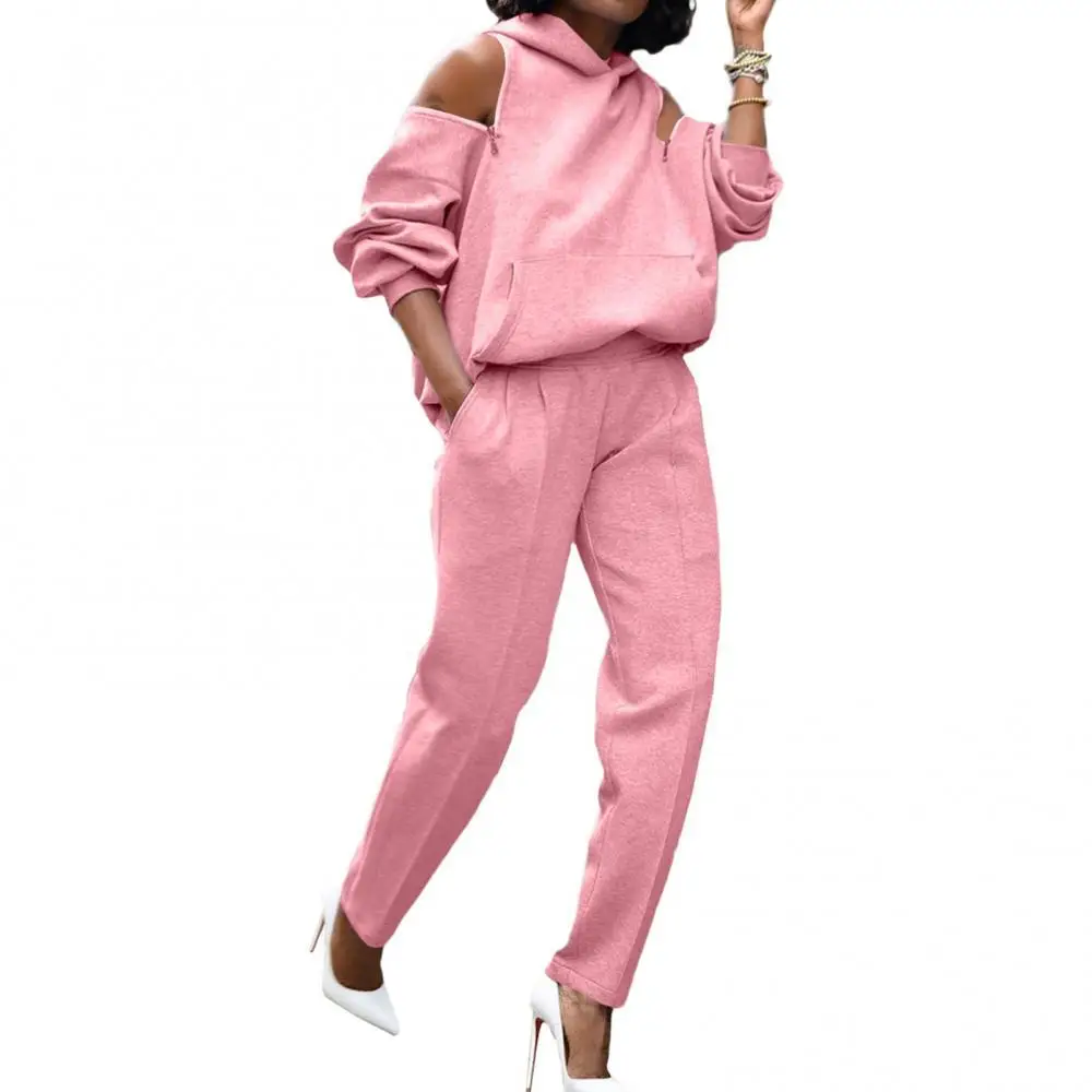 

Women Autumn Sexy Long Sleeve Open Back Off-shoulder Hooded Hoodie Pants Suit