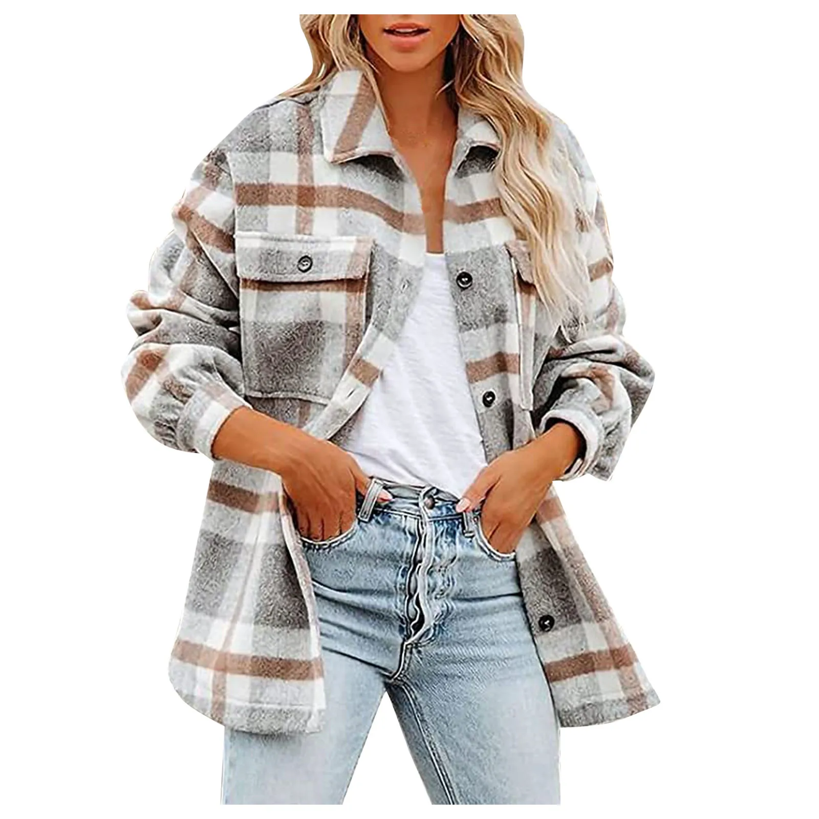 

Plaid Jacket Women Shirt Coat Loose Jackets Casual Streetwear Ladies Retro Outwear Turn-Down Collar Coats куртка женская