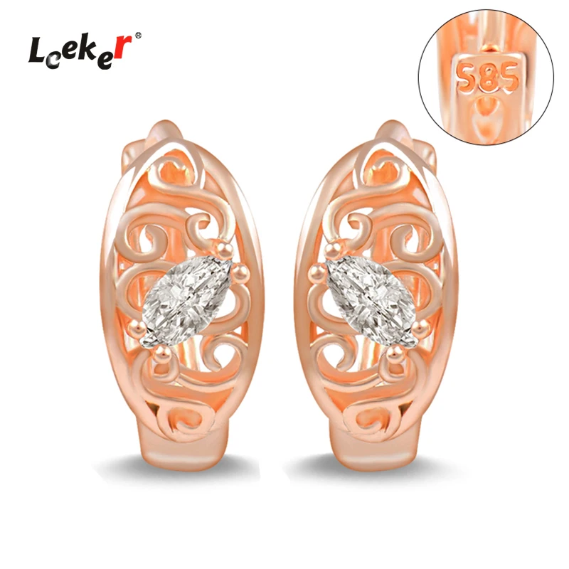 

LEEKER Hollow Water Drop Shape Zircon Earrings 585 Rose Gold Color Vintag Hoop Earrings for Women Wedding Jewelry ZD1 LK6