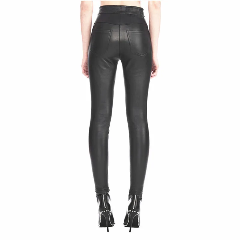 

Fashion Punk Button Women PU Leather Pants Luxury High Waist Skinny Pencil Pantalon Femme Street Black Rivet Moto Biker Trousers