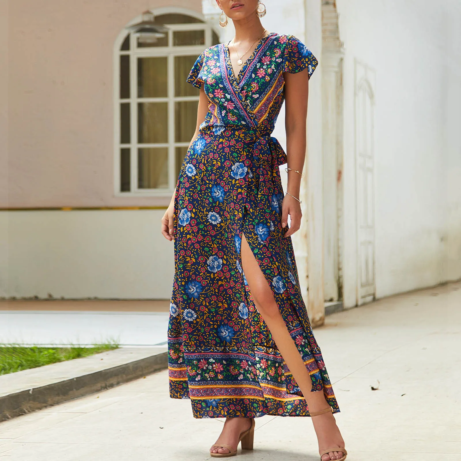 

40# Floral Long Maxi Dress Women Sexy Backless Evening Party Boho Sundress Beach Dresses For Women 2021 Vintage Robe Femme