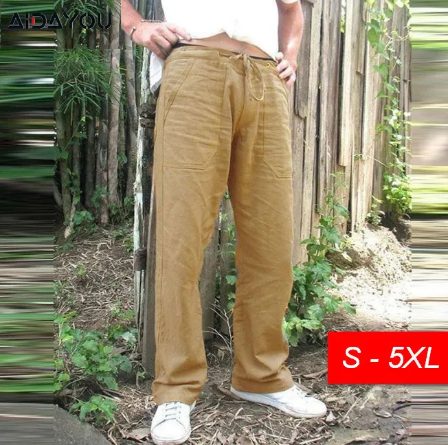 Брюки мужские хлопково-льняные повседневные мешковатые штаны с карманами