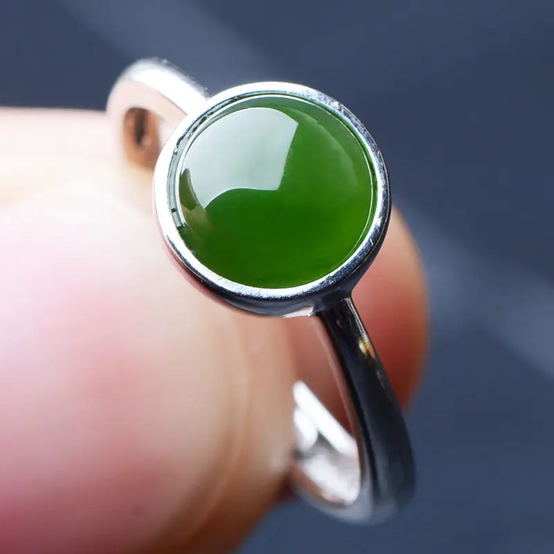

Hetian Jade Green Jade Ring Women's S925 Sterling Silver Inlaid Ornament round Egg Surface Simple Elegant Ornament