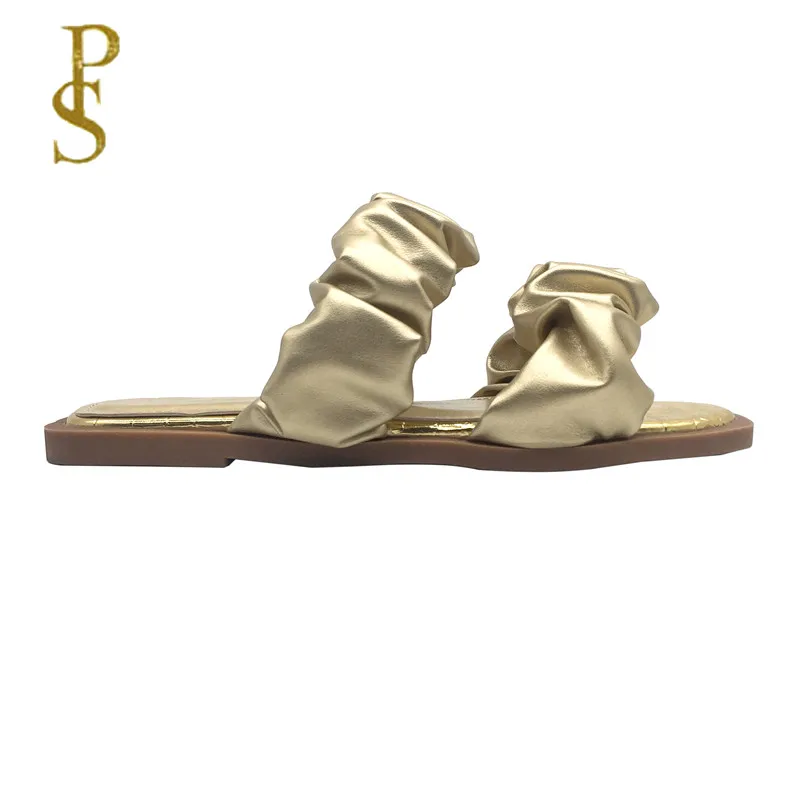 2021 новые женские тапочки на плоской подошве с открытым носком плиссированная