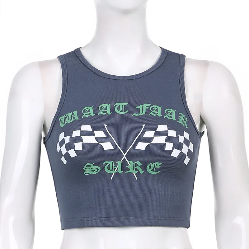 

Gothblack Women Sleeveless O Neck Print Crop Top Fashion Bodycon Ribbed Knitted Casual Tank Tops Summer Slim Street Sports Vest