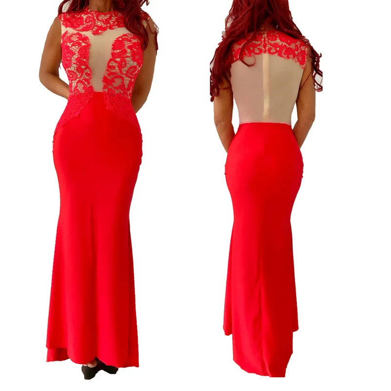 

WONDER BEAUTY Sleeveless Transparent Maxi Dresses Women Summer Red Hollow Out Lace Dress Elegant Embroidery Long Party Dress