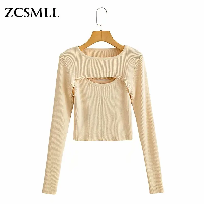 

ZCSMLL Women's 21-year Autumn New Solid Color Two-piece Self-cultivation Hollow Long-sleeved Base Knitted Female Sweater