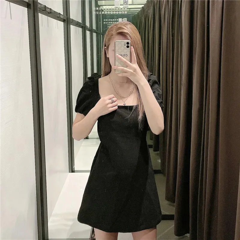 

TRAF Za White Dress Woman Short Puff Sleeve Mini Dress Women Summer 2021 Square Neck Strappy Backless Elegant Short Dresses