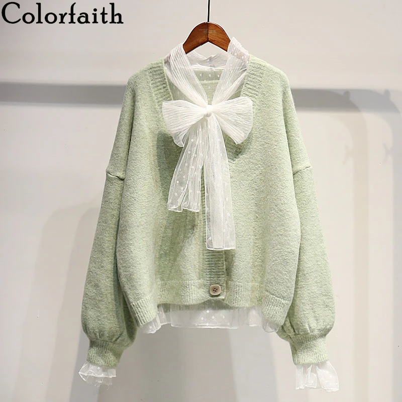 Colorfaith New 2019 Autumn Winter Women's Sweaters Cardigans Single Breasted Chiffon Bow Sweet Knitting Tops Korean Style SW8704 |