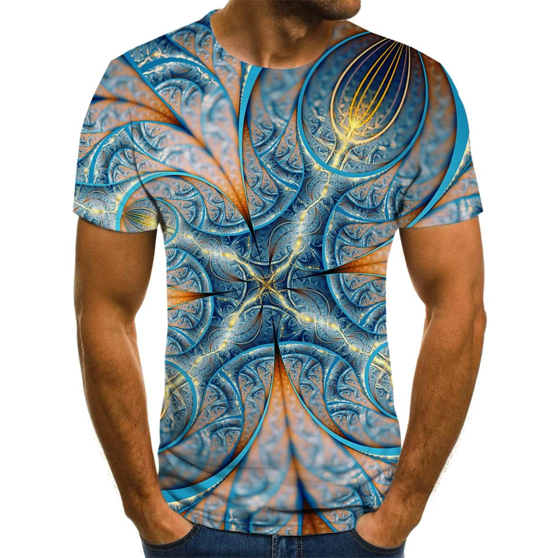 

2021 new shiny colorful irregular 3D printing pattern casual street punk style summer fashion round neck short sleeve