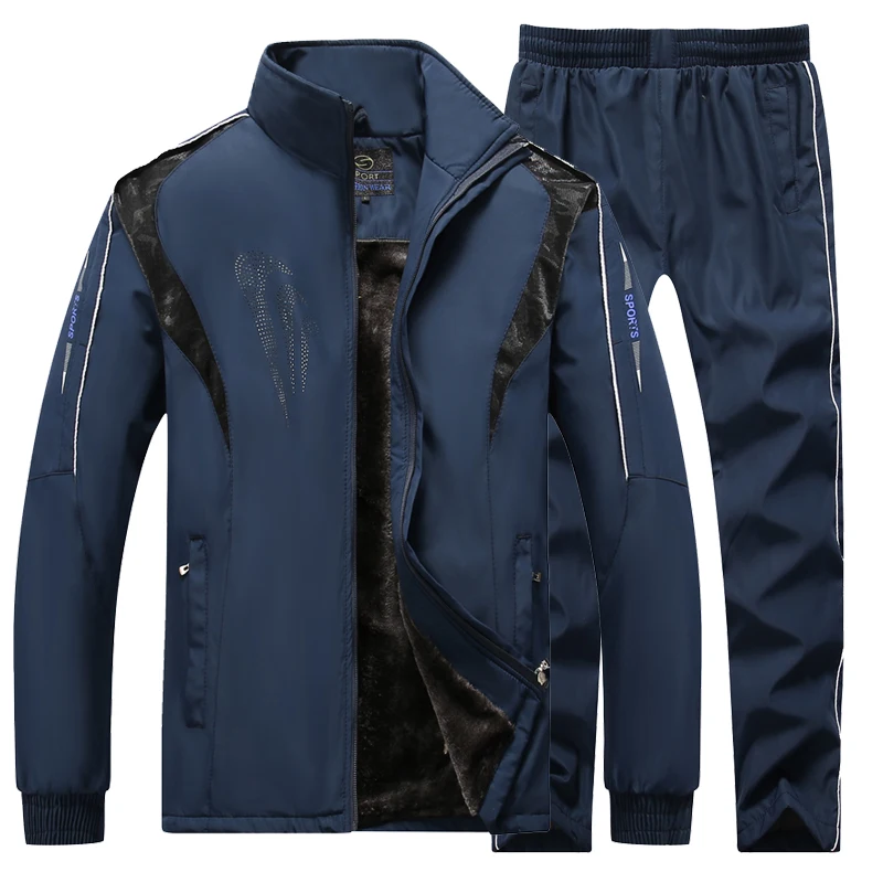 dark blue Мужской спортивный костюм, зимний спортивный костюм Мужская спортивная одежда из двух предметов, шерстяной Лайнер, спортивный костюм, куртка+ штаны, спортивный костюм, Мужская брендовая одежда - Цвет: dark blue