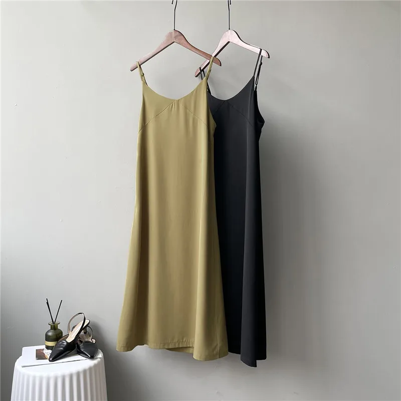 

Women Spaghetti Strap Bottoming Long Dress Slim French High Waist Retro Suspender Mid Length Pure Color Dresses