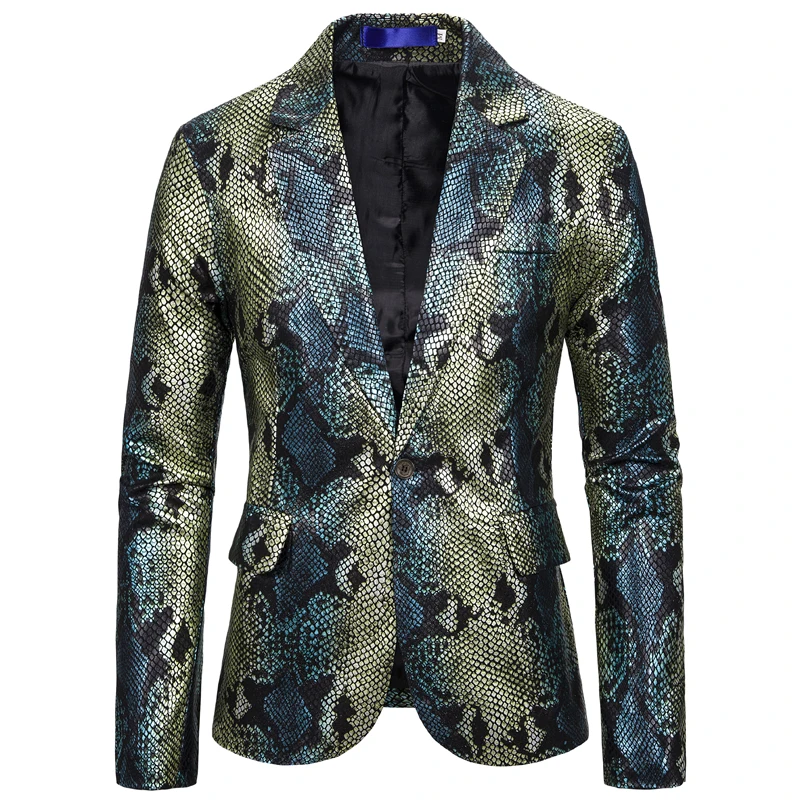 

Silver Snakeskin Pattern Male Fashion Cool Blazer Jacket Single Button Men's Party Dress Banquet Suit Coats Nightclub Style Wear
