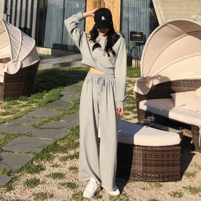 2020 Autumn Black Gray Tracksuit Pants Suit Women Two-piece set Hoodies Casual Sporting Coat Top+Bell-bottomed Sets BW356 | Женская