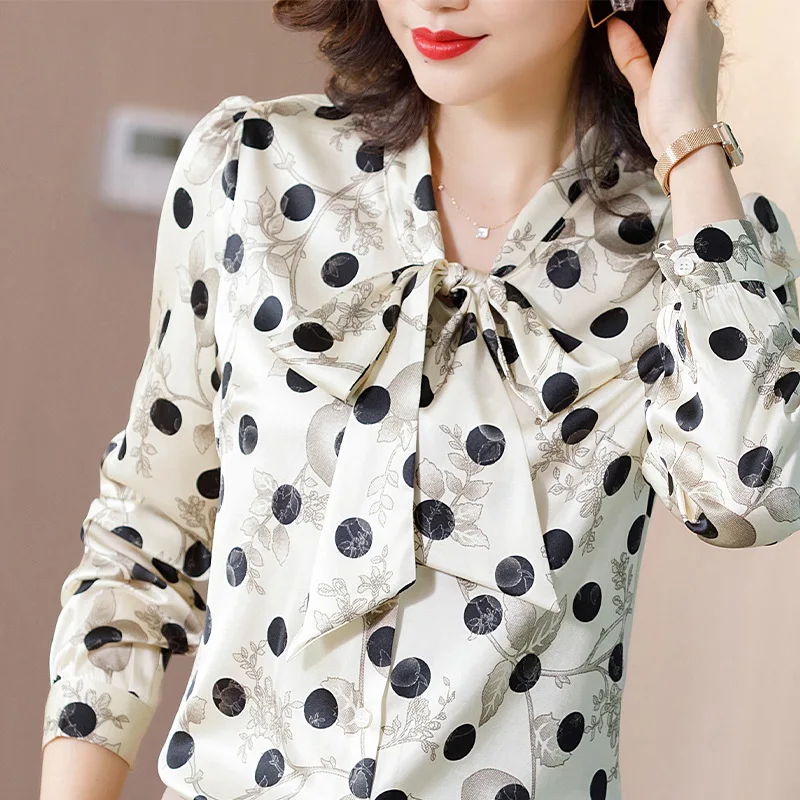 

Natural Mulberry Silk Shirt Women’s Office Lady Blouse Slim Polka Dot Bow Collar Ol Work Tops