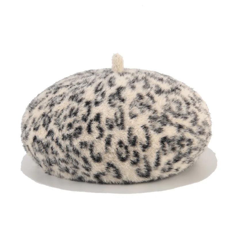 

Fashion Lady Leopard Print Beret Hat Wool Warm Plain Beanie Hat Cap