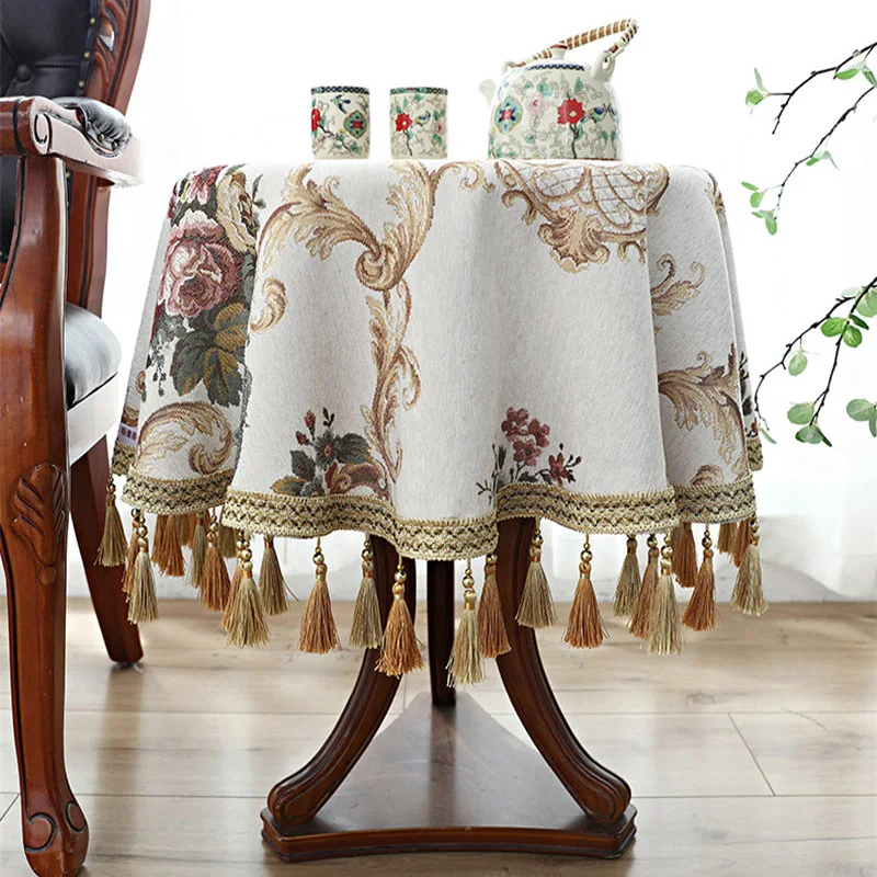 Благородная синяя бежевая маленькая круглая скатерть прямоугольная жаккардовая