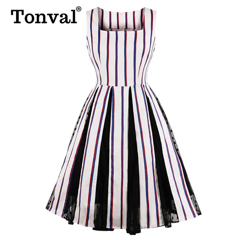 Женское контрастное платье в полоску Tonval элегантное Хлопковое Платье До Колена