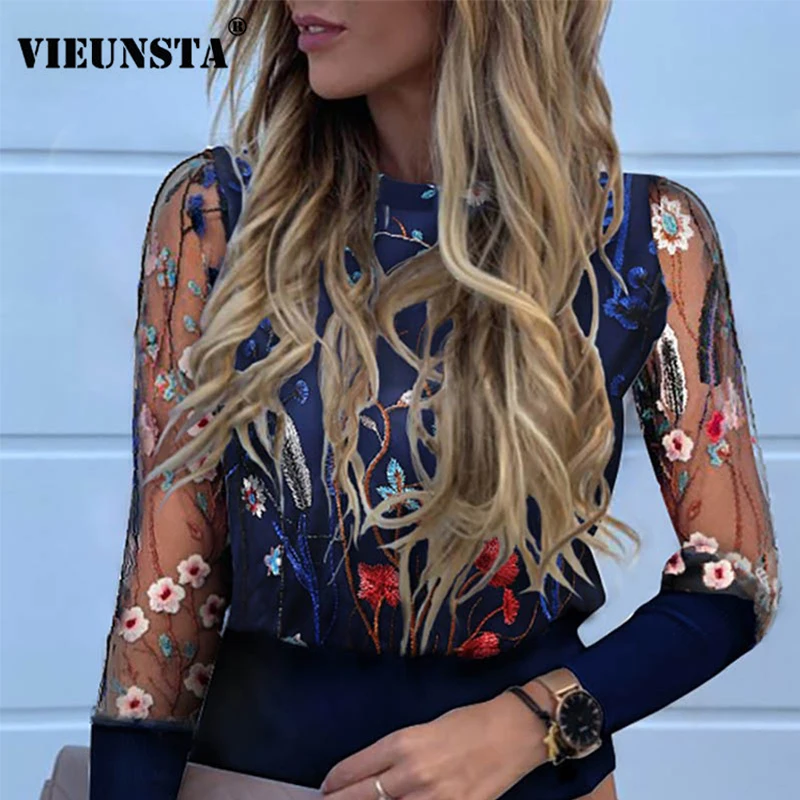 

Блузка женская прозрачная, с длинным рукавом и буффами, на осень