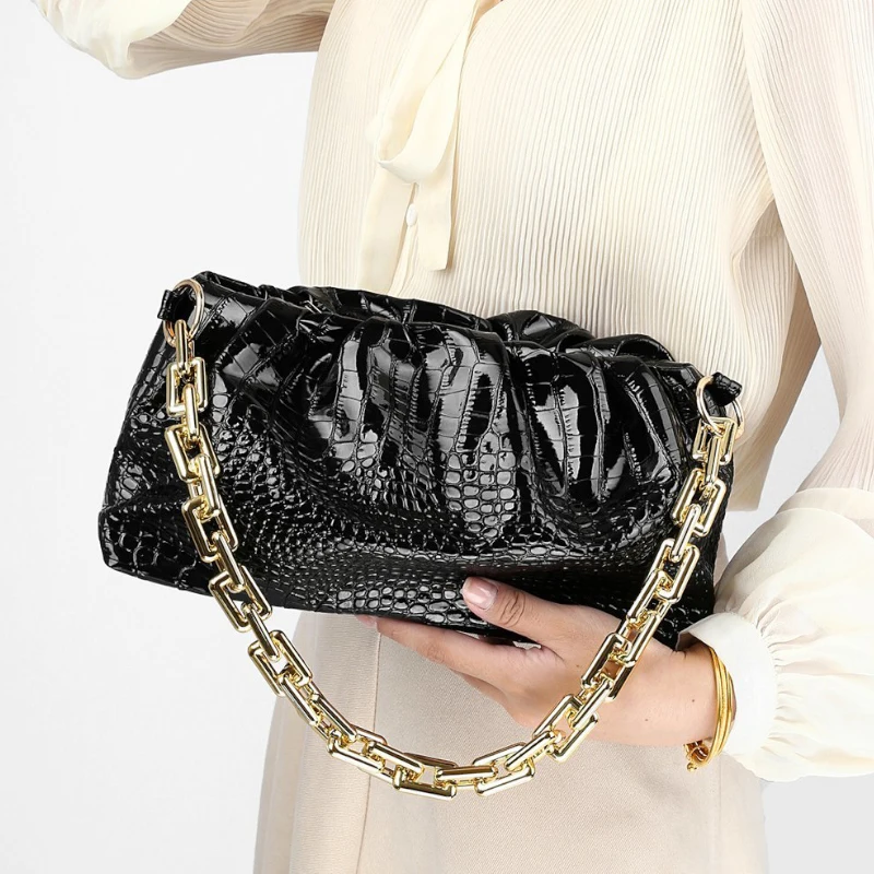 

THREEPEAS Alligator Oil Leather Cloud Bag Baguette Purses and Handbags Gold Chains Shoulder Bag 2 Belts Luxury Designer Hand Bag