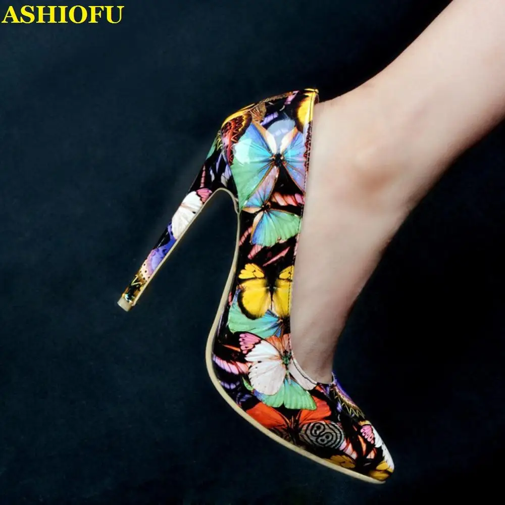 ASHIOFU Handmade Ladies High Heel Pumps Printing Patent Leather Party Prom Dress Shoes Slip-on Evening Fashion Court Shoes XD039