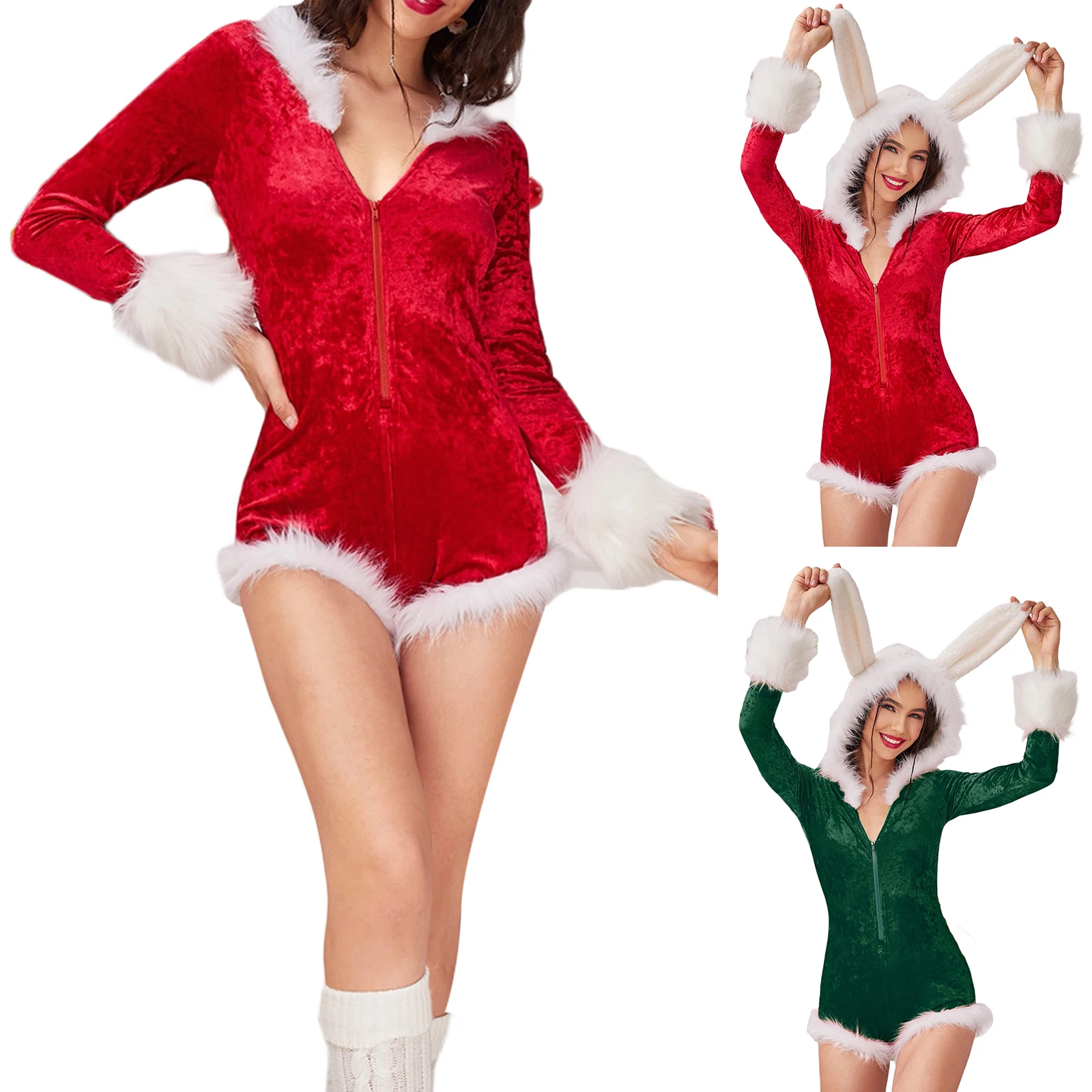 

Женский Рождественский комбинезон с плюшевыми кроличьими ушками, весенне-осенний женский сексуальный комбинезон с длинным рукавом, в стил...