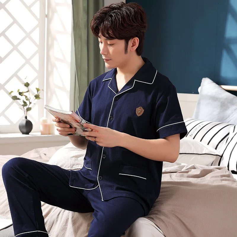 New men's spring and summer cotton short sleeve pants pajamas casual loose Plaid home wear set | Мужская одежда