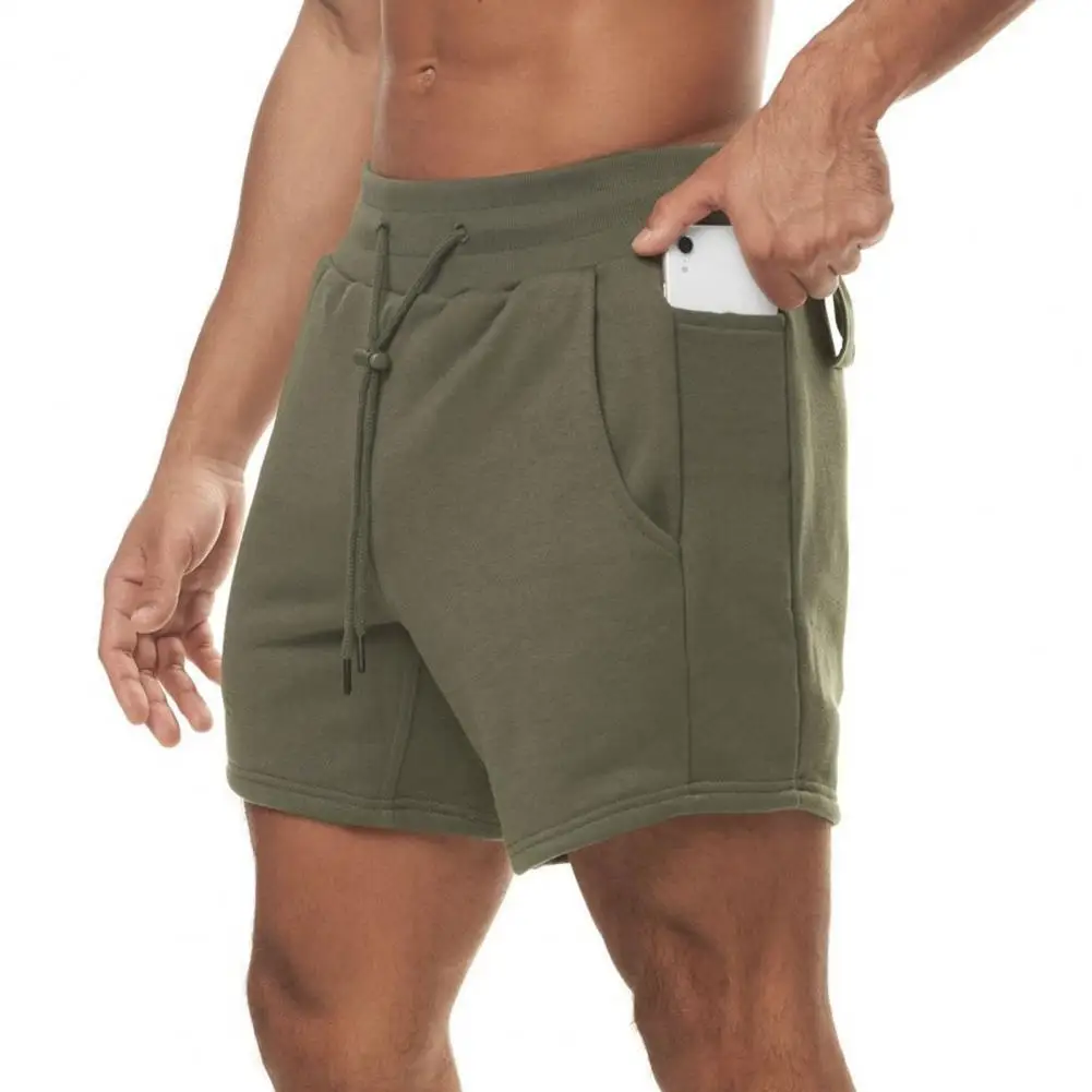 

Simple Fitness Shorts All Match Solid Color Skin-friendly Multi Pockets Men Mid Rise Drawstring Zipper Shorts for Training