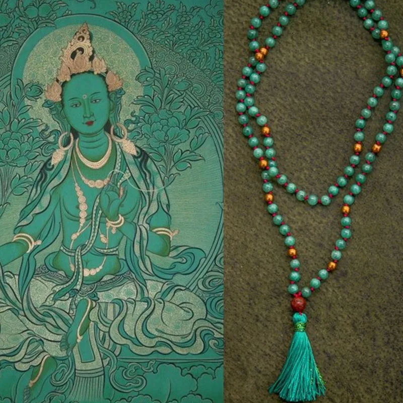 GREEN TARA MALA long jade necklace Tassel Necklace, Yoga Jewelry