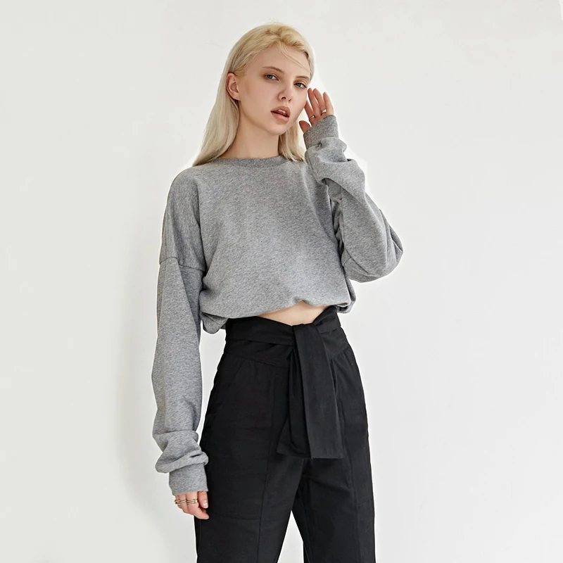 

Women Crew Neck Adjustable Toggle Hem Cropped Sweatshirt Drop Shoulder Crop Pullover