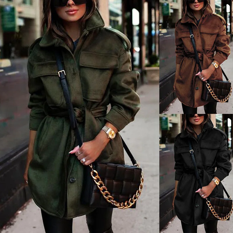 

Women's solid color waist tying wide loose casual lapel long-sleeved woolen woolen coat
