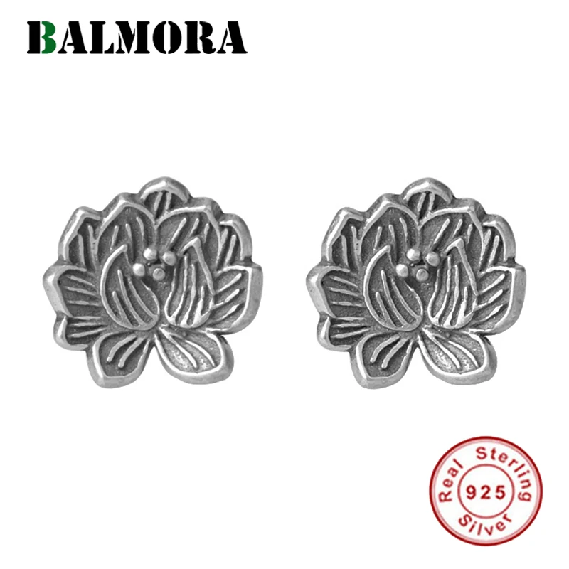 BALMORA, настоящее 925 пробы, серебро, Ретро стиль, цветок лотоса и серьги-гвоздики с животными, для женщин, леди, простой, элегантный, модный, Aretes, ювелирное изделие