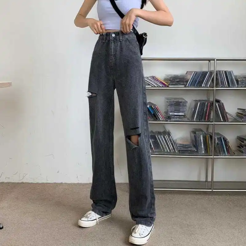 

Summer Ripped Jeans for Women 2021 New High Waist Straight Loose Wide Leg Pants Slimming Versatile Mop Pants
