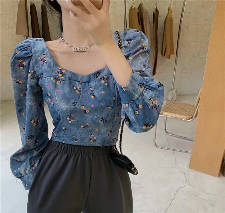 

2021 spring and autumn new retro printed square neck short shirt shirt slim slimming long-sleeved denim shirt women