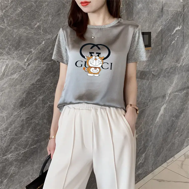 

Summer new round neck short sleeve sagging silk like T-shirt blouse